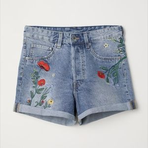 H&M Denim Shorts High Waisted Embroidered Floral Print